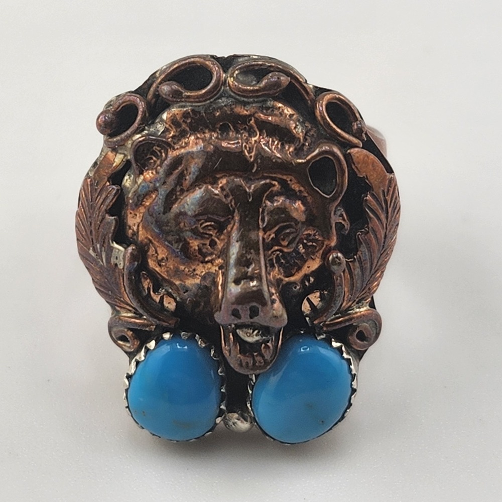 Vintage Running Bear Sterling Silver Copper Turquoise Bear Ring Size‎ 9.5